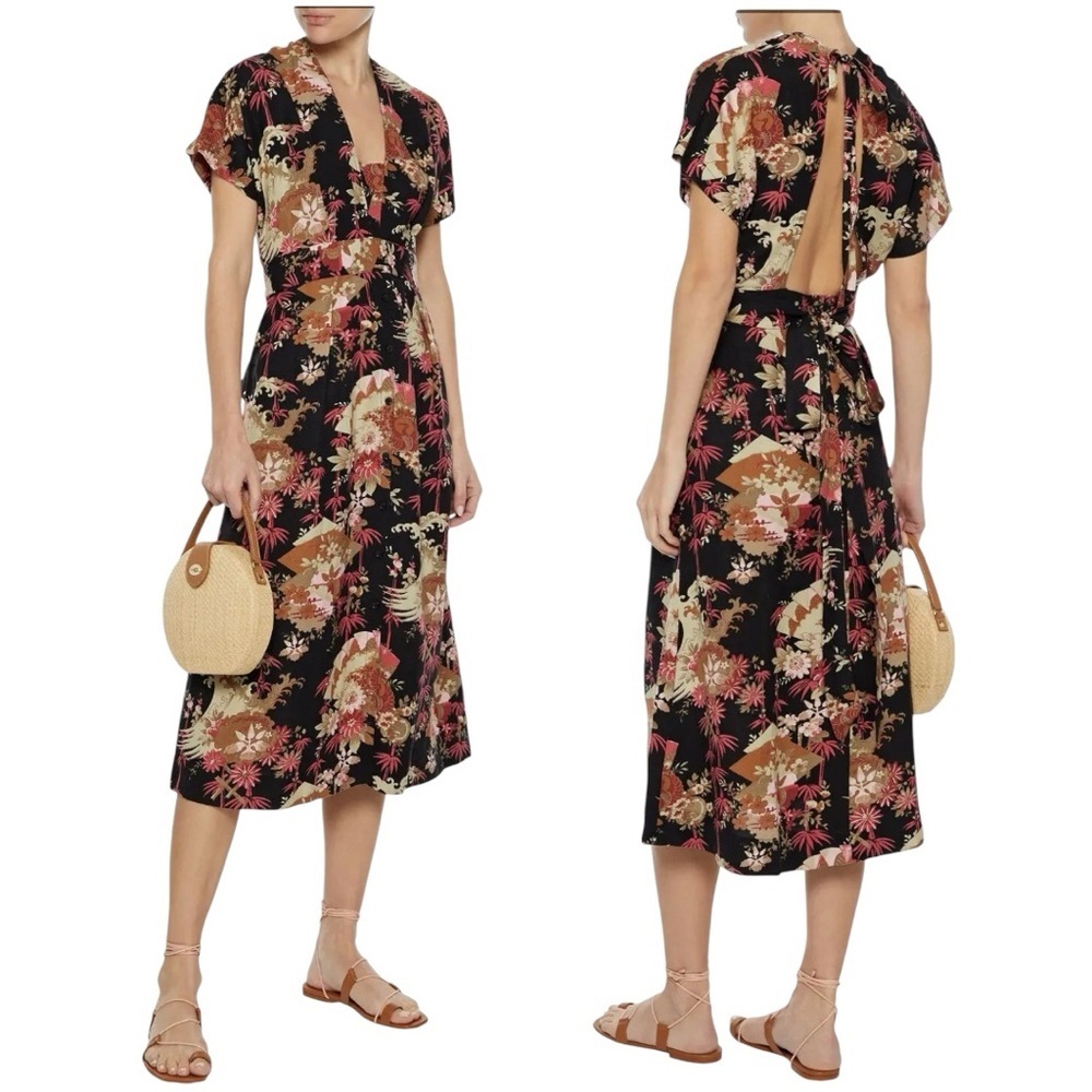 Floral‎ Print Linen Open Back Midi Dress Small prairie cottage earthy neutral